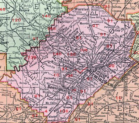 Jefferson County, Alabama, Map, 1911, Birmingham, Bessemer, Trussville ...