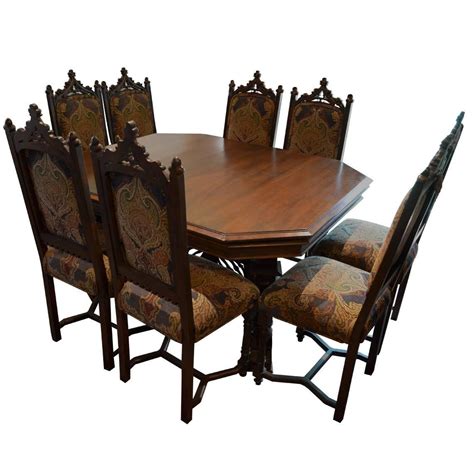 Antique Gothic Style Dining Table with Eight Chairs with Three Leafs ...