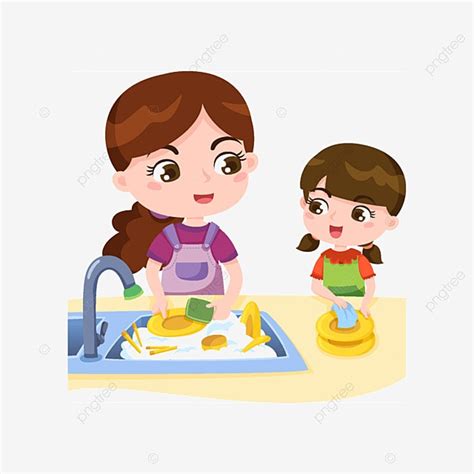 Dish Wash Vector Hd PNG Images, Vector Cartoon Parenting Education Washing Dishes With Mother ...