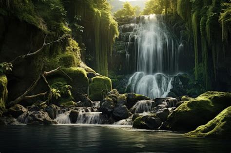 Premium AI Image | Serene Waterfall in Lush Forest Setting Generative AI