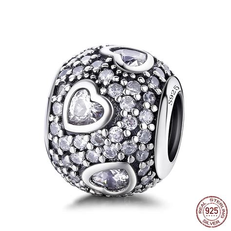 Authentic 925 Sterling Silver Beads Full Heart Clear Crystal For Original Pandora Charms Women ...