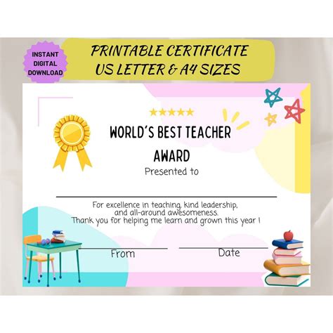 Teacher Appreciation Award Custom Certificate Template Worlds Best Teacher Personalized Teacher ...