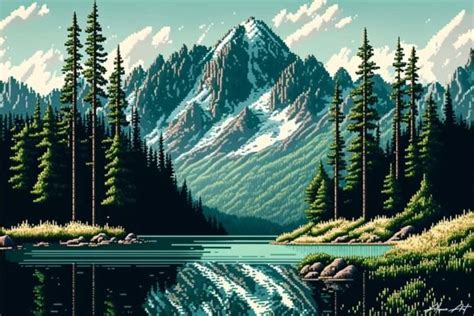 Mountain Lake Landscape Pixel Art Graphic by Alone Art · Creative Fabrica