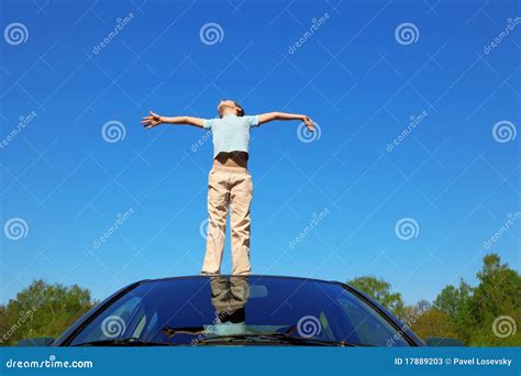 Boy Standing on Roof of Car, Opening Hands Stock Image - Image of nature, reflection: 17889203