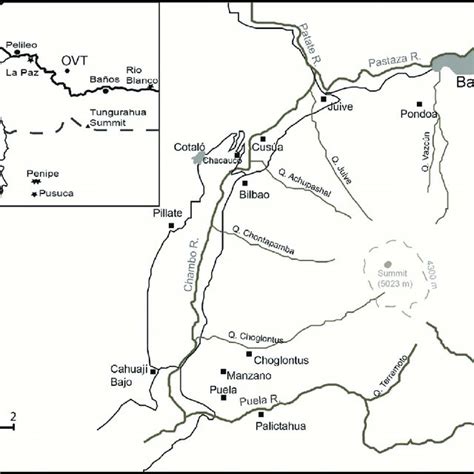 Map of Tungurahua volcano showing towns, villages resettlement sites ...