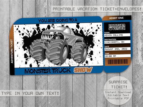 Monster Truck Show Surprise Printable Editable Trip Ticket | Etsy