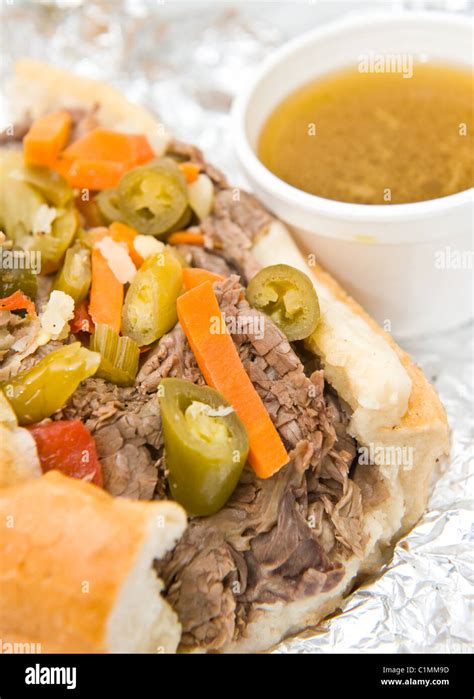 Chicago style Italian beef sandwich with giardiniera and dipping sauce Stock Photo - Alamy