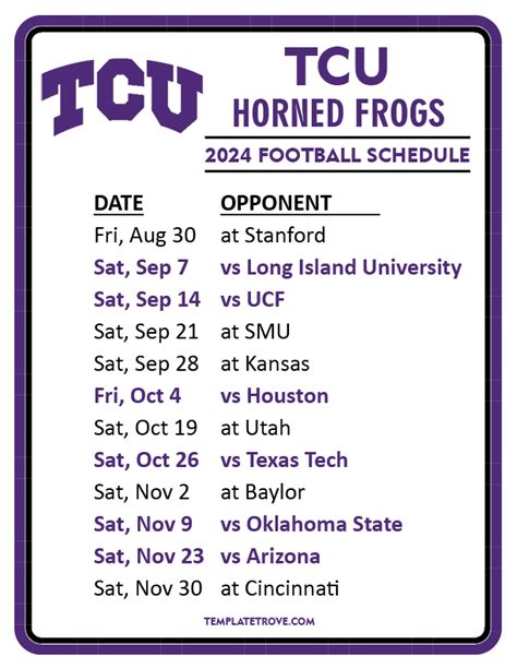 Printable 2024 TCU Horned Frogs Football Schedule