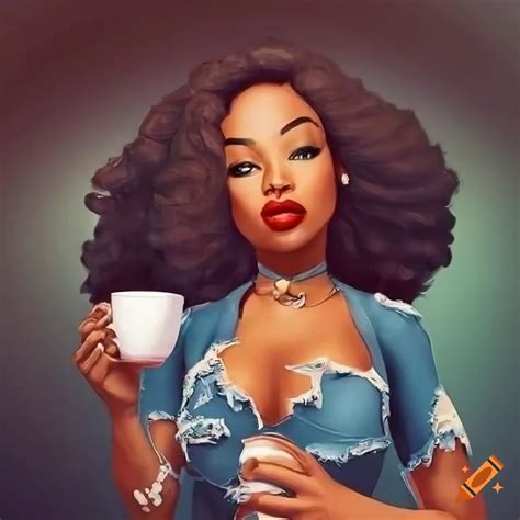 African american woman in ripped jeans drinking coffee