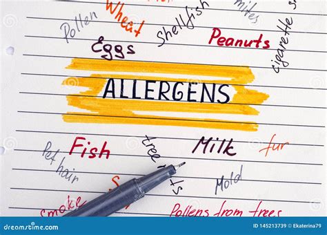 Different Allergens Handwritten on Lined Paper with Pen Stock Image ...