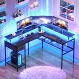 Gaming Desk, Home Office Desk Computer Desk with LED Lights, Hutch and Storage Shelves, White ...