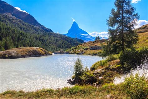 View of Moosjisee Lake and Matterhorn Mountain at Summer on the Five Lakes Trail in Zermatt ...