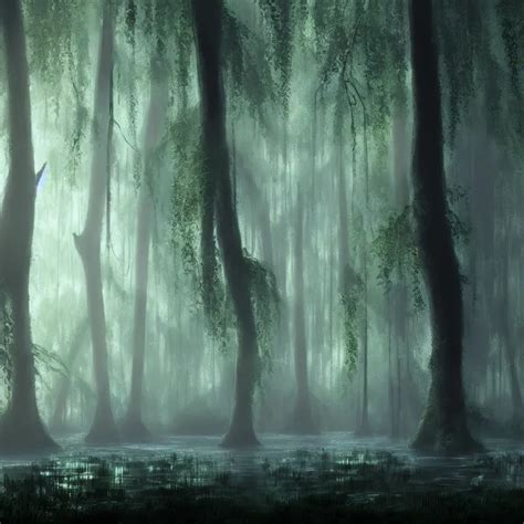 a wet swamp with many big trees, dark colors, glowing | Stable Diffusion | OpenArt