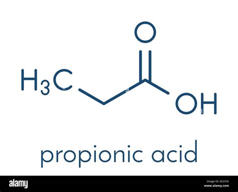 Propionic acid (propanoic acid) molecule. Used as preservative in food. Skeletal formula Stock ...