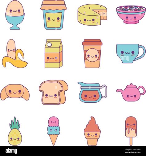 line and fill style icon set design, Kawaii food cartoons theme Vector illustration Stock Vector ...