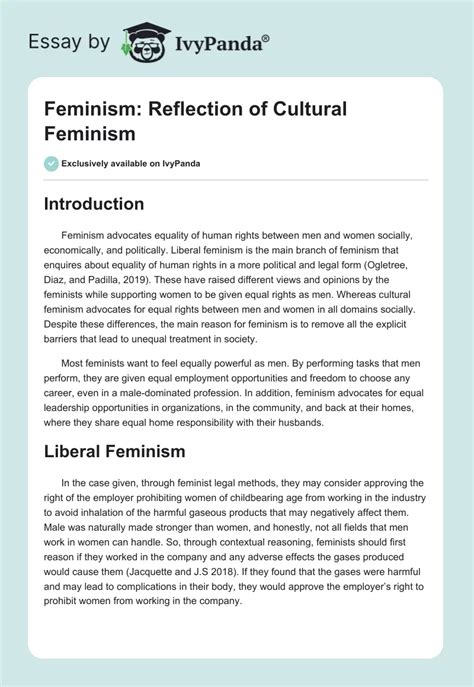 Feminism: Reflection of Cultural Feminism - 1060 Words | Essay Example