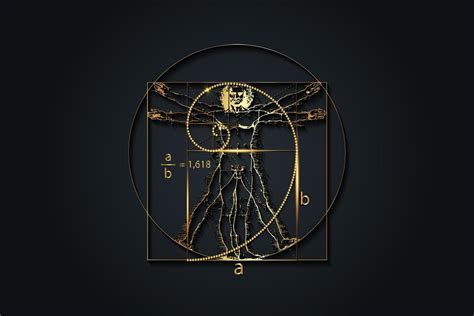 Golden ratio. Fibonacci Sequence number and Vitruvian Man by Leonardo Da Vinci - luxury gold ...