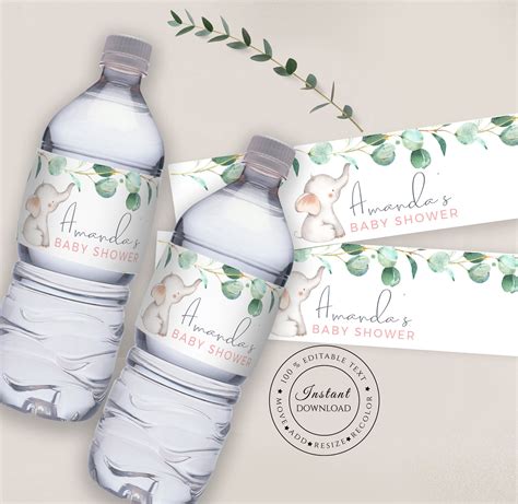 Elephant Baby Shower Water Bottle Label Template, Editable Baby or Bridal Shower Label, Instant ...