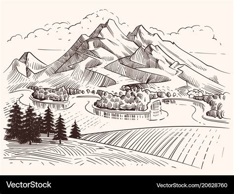 Pencil drawing mountain landscape cartoon sketch Vector Image