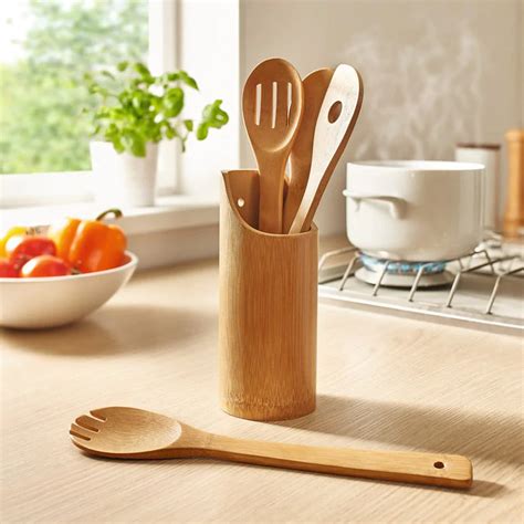 Wooden 3 Spatula Set with Bamboo and 1 Holder/Stand - Set of 4 ...