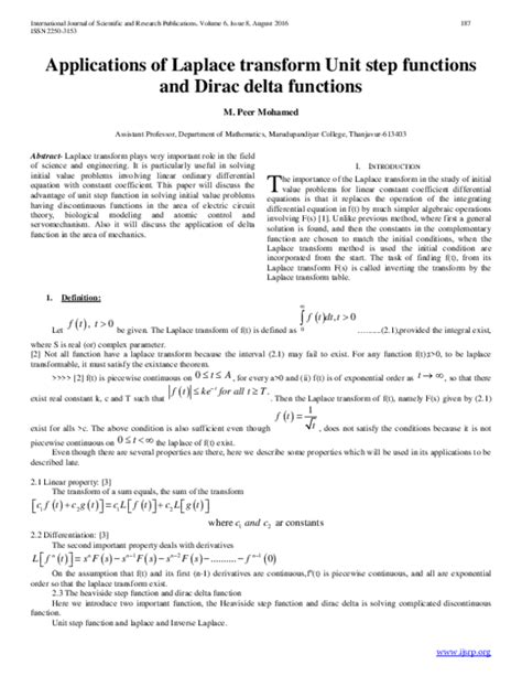 (PDF) Applications of Laplace transform Unit step functions and Dirac delta functions | JASH ...