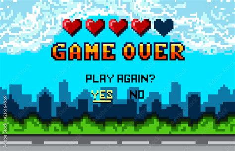 Game over Pixel art design with city landscape background. Colorful Pixel arcade screen for game ...