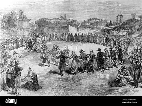 Greek Folk Dance, Easter Festival in the Troad, Turkey. From Illustrated London News 1878 Stock ...