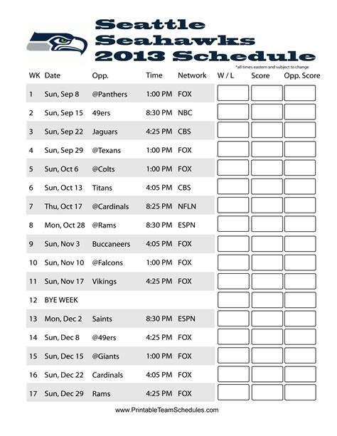 Seahawks Printable Schedule 2024-25