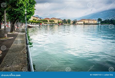 Lugano Shoreline with Lake View and Cityscape on Overcast Weather Day in Lugano Switzerland ...