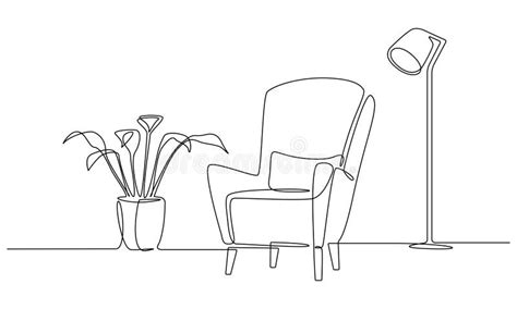 One Continuous Line Drawing of Armchair and Lamp and Plant. Modern Flat Furniture for Living ...