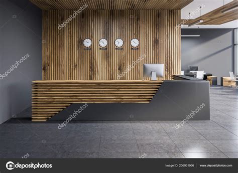 Gray Wooden Reception Desk Standing Modern Office Gray Wooden Walls ...