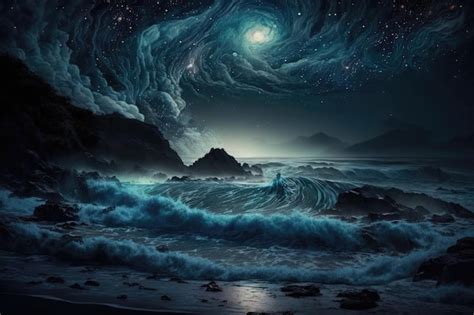 Premium AI Image | Oceanic night sky with stars and waves