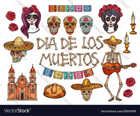 Dia de muertos mexican day dead sketch symbols Vector Image