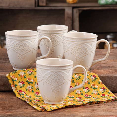 The Pioneer Woman Farmhouse Lace 4-Piece 17-Ounce Mug Set, Off White ...