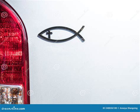 Christian Religious Fish Sign on Rear of White Car Stock Photo - Image ...