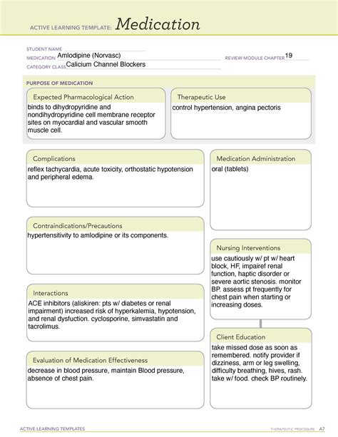 Amlodipine - ati medication card - ACTIVE LEARNING TEMPLATES THERAPEUTIC PROCEDURE A Medication ...
