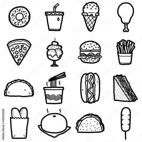 junk food, icons set / cartoon vector and illustration, hand drawn style, black and white ...