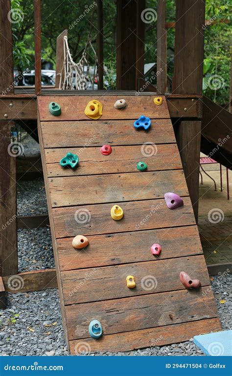 Wood Climbing Wall in Playground Equipment at Park Outdoor Stock Photo ...