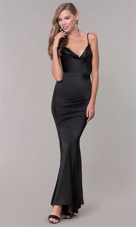 Cowl-Neck Long Satin Black Prom Dress | Satin dress long, Black satin ...