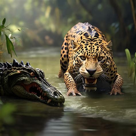 Premium Photo | Jaguar hunting a crocodile in a swampy river