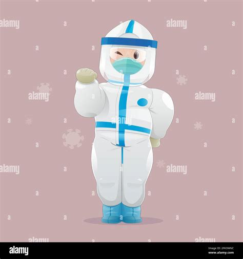 Cartoon doctor wearing personal protective equipment (PPE) and Medical gloves, Face shield, and ...