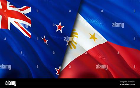 New Zealand and Philippines flags. 3D Waving flag design. New Zealand ...