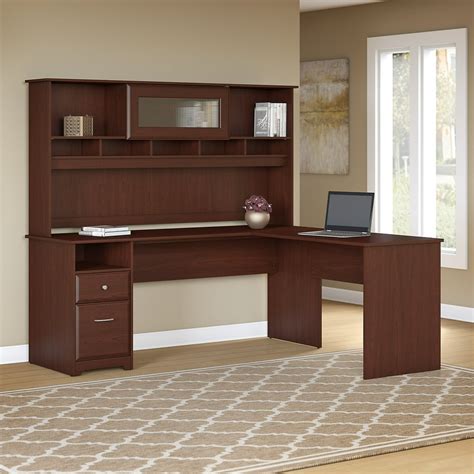 Bush Furniture Cabot 72W L Shaped Computer Desk with Hutch and Drawers in Harvest Cherry ...