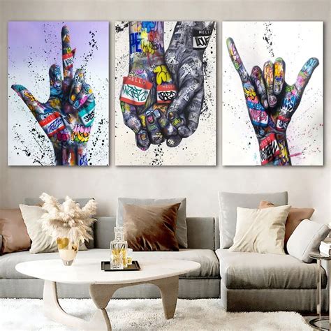 Banksy Set of 3 Canvas, Gift for Lover, Famous Mural Quote, Middle Finger Graffiti, Hand ...