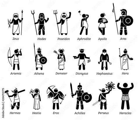 Ancient Greek Mythology Gods and Goddesses Characters Icon Set Stock ...