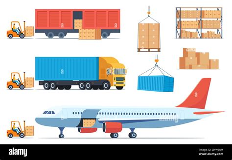 Loading boxes with goods into different types of cargo transport. Cargo plane, train, truck and ...