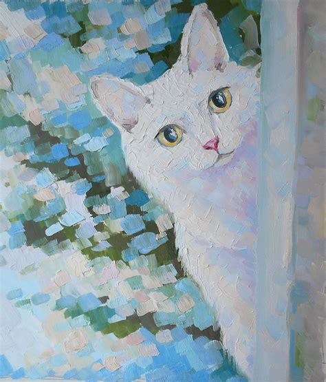 White cat Oil painting Portrait gift for mom Mother's day