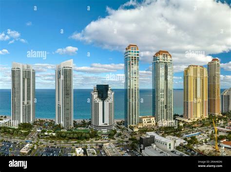 Aerial view of Sunny Isles Beach city with luxurious highrise hotels and condos on Atlantic ...