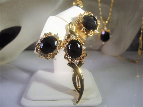 Black Onyx Jewelry Set, Faux Onyx and Rhinestone Jewelry Set, Onyx Necklace, Onyx Brooch, Onyx ...