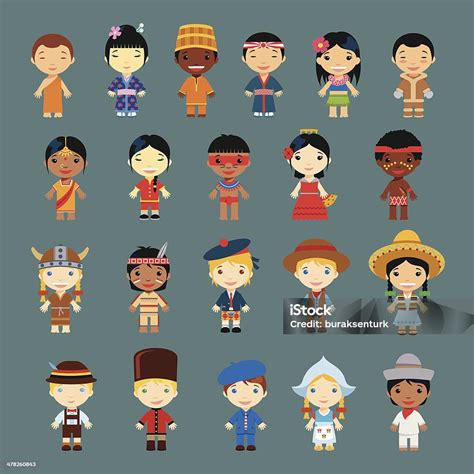 Happy World Kids Set With Multicultural Traditional Costumes Stock Illustration - Download Image ...